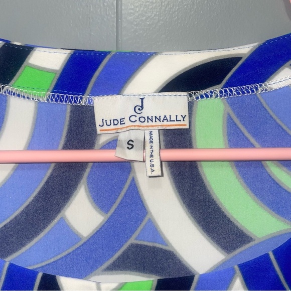 Jude Connally Blue Art Deco Cap Short Sleeve Knee Length Dress Small - Picture 2 of 5